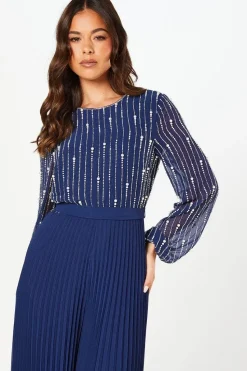 Party Embellished Long Sleeve Pleated Jumpsuit