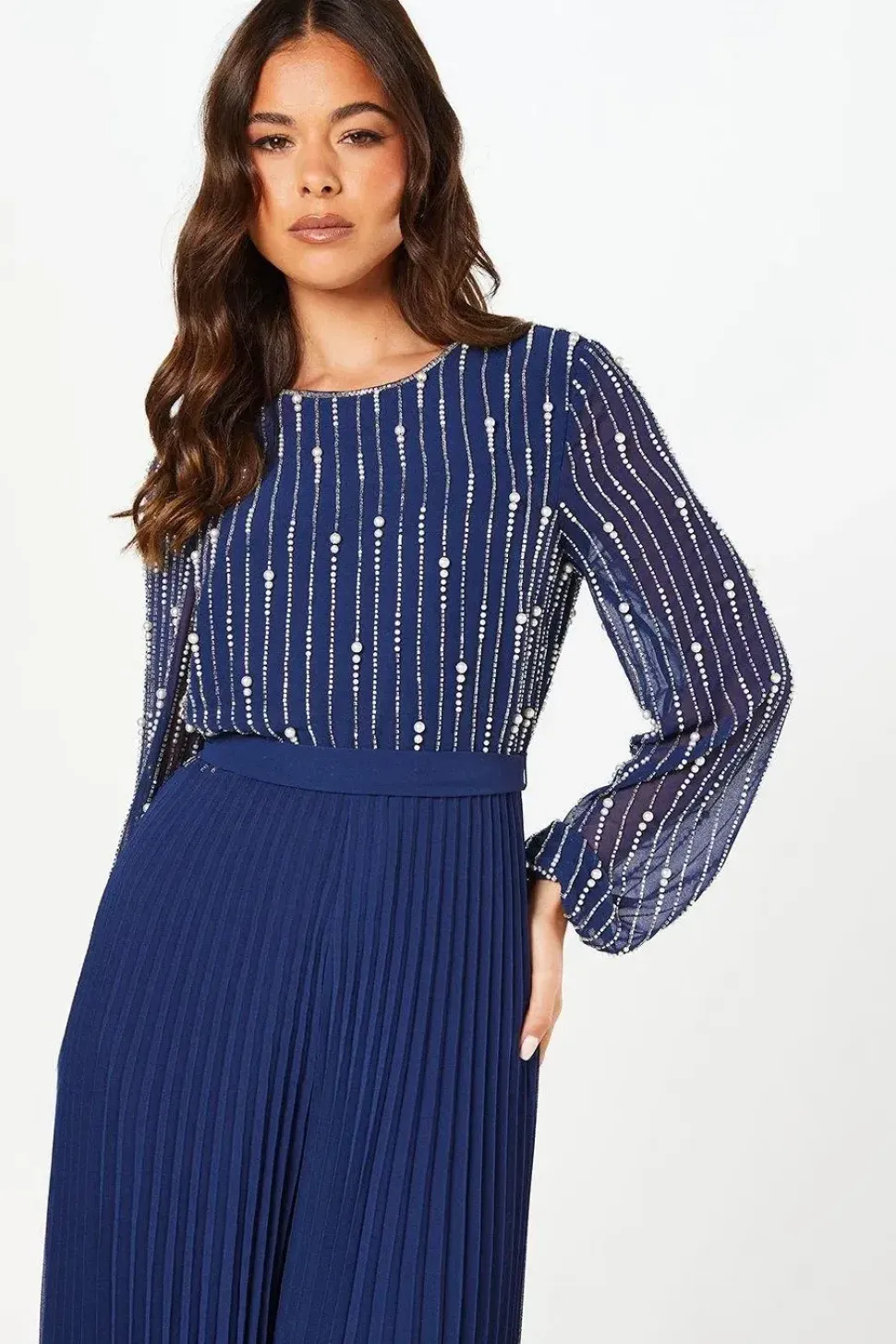 Party Embellished Long Sleeve Pleated Jumpsuit