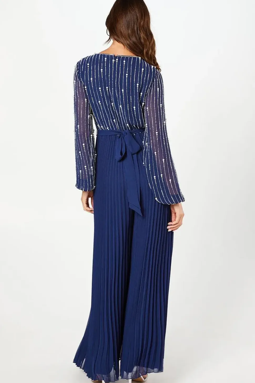 Party Embellished Long Sleeve Pleated Jumpsuit