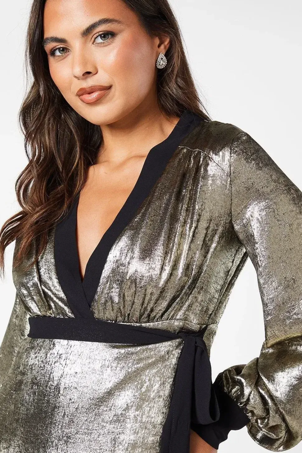 Party Metallic Long Sleeve Wrap Dress