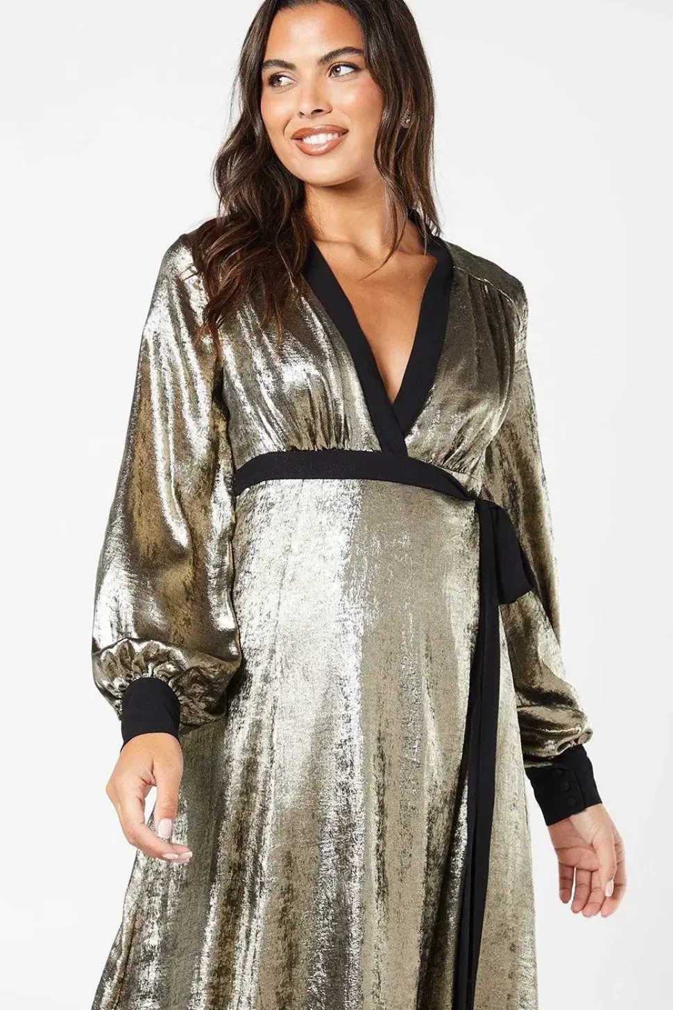 Party Metallic Long Sleeve Wrap Dress
