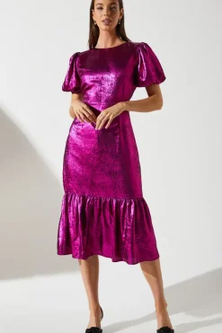 Party Metallic Midi Dress With Puff Sleeve