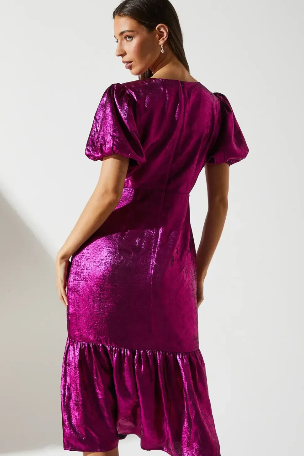 Party Metallic Midi Dress With Puff Sleeve