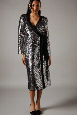 Party Rainbow Sequin Long Sleeve Satin Midi Dress