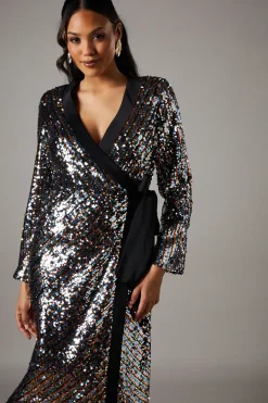 Party Rainbow Sequin Long Sleeve Satin Midi Dress