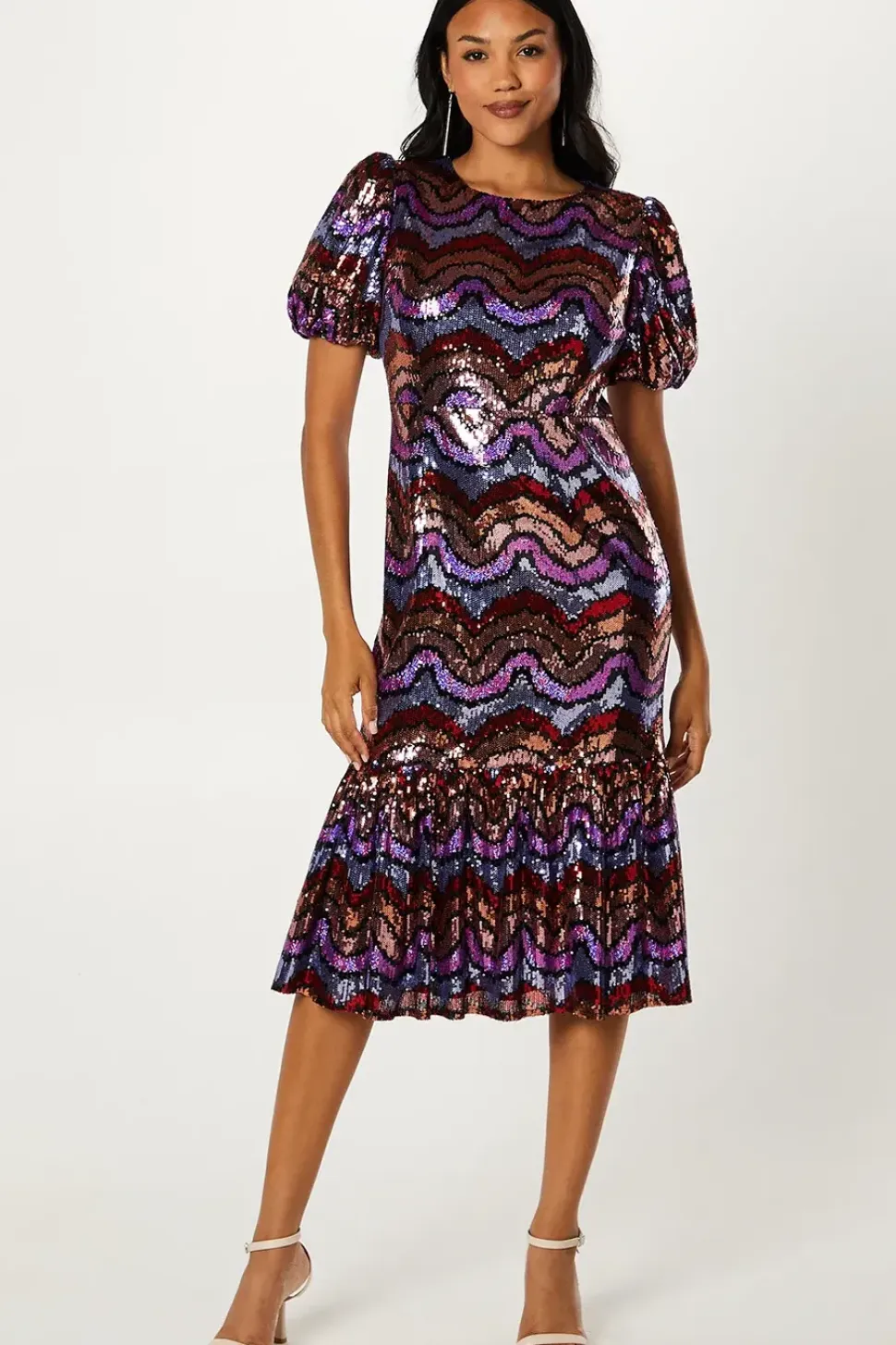 Party Rainbow Sequin Midi Dress With Puff Sleeve