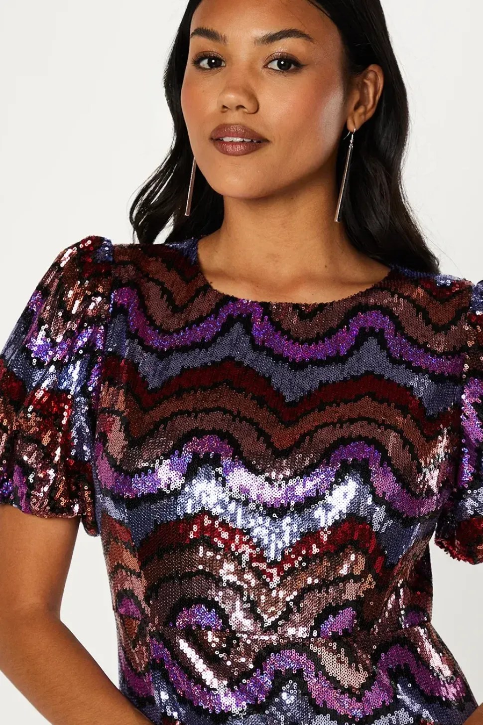 Party Rainbow Sequin Midi Dress With Puff Sleeve