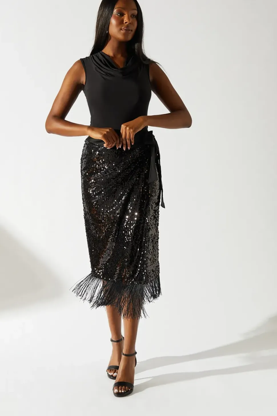 Party Sequin Fringe Hem Wrap Skirt