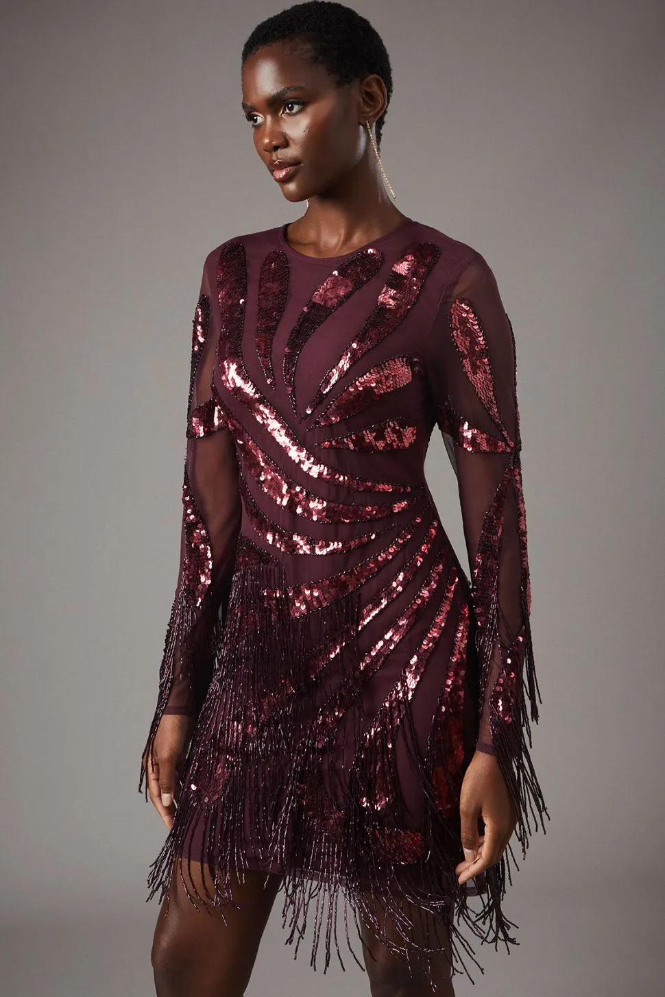 Party Sequin Long Sleeve Fringe Burgundy Mini Dress