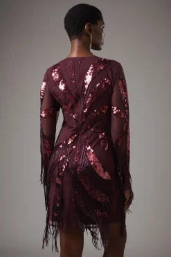 Party Sequin Long Sleeve Fringe Burgundy Mini Dress