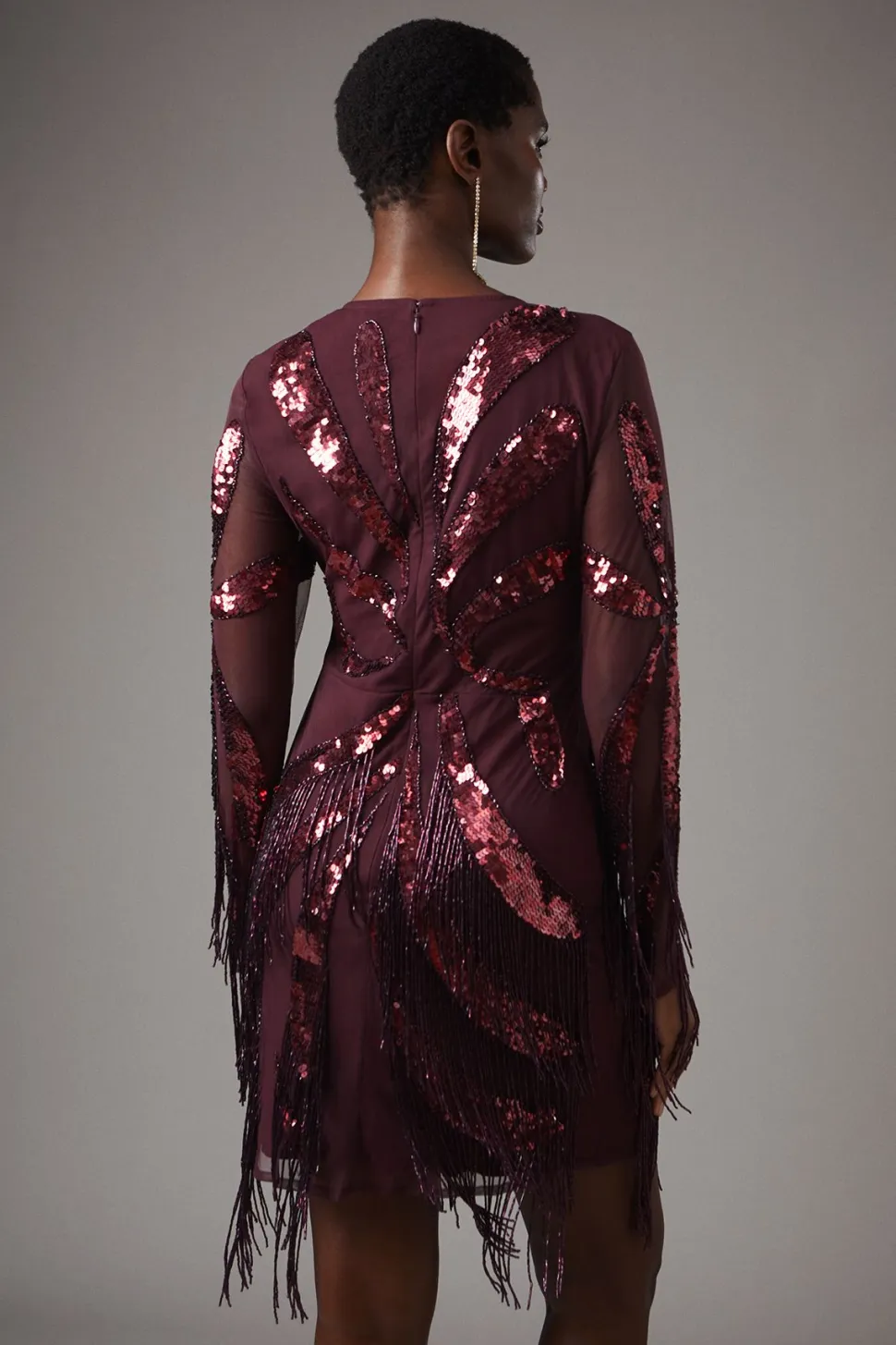 Party Sequin Long Sleeve Fringe Burgundy Mini Dress