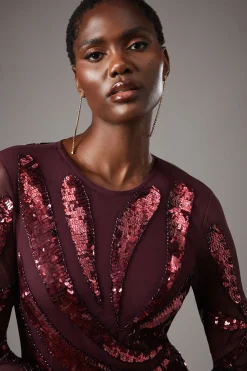 Party Sequin Long Sleeve Fringe Burgundy Mini Dress