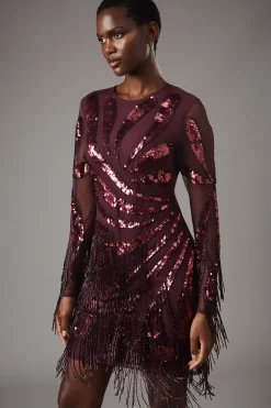 Party Sequin Long Sleeve Velvet Swing Dress