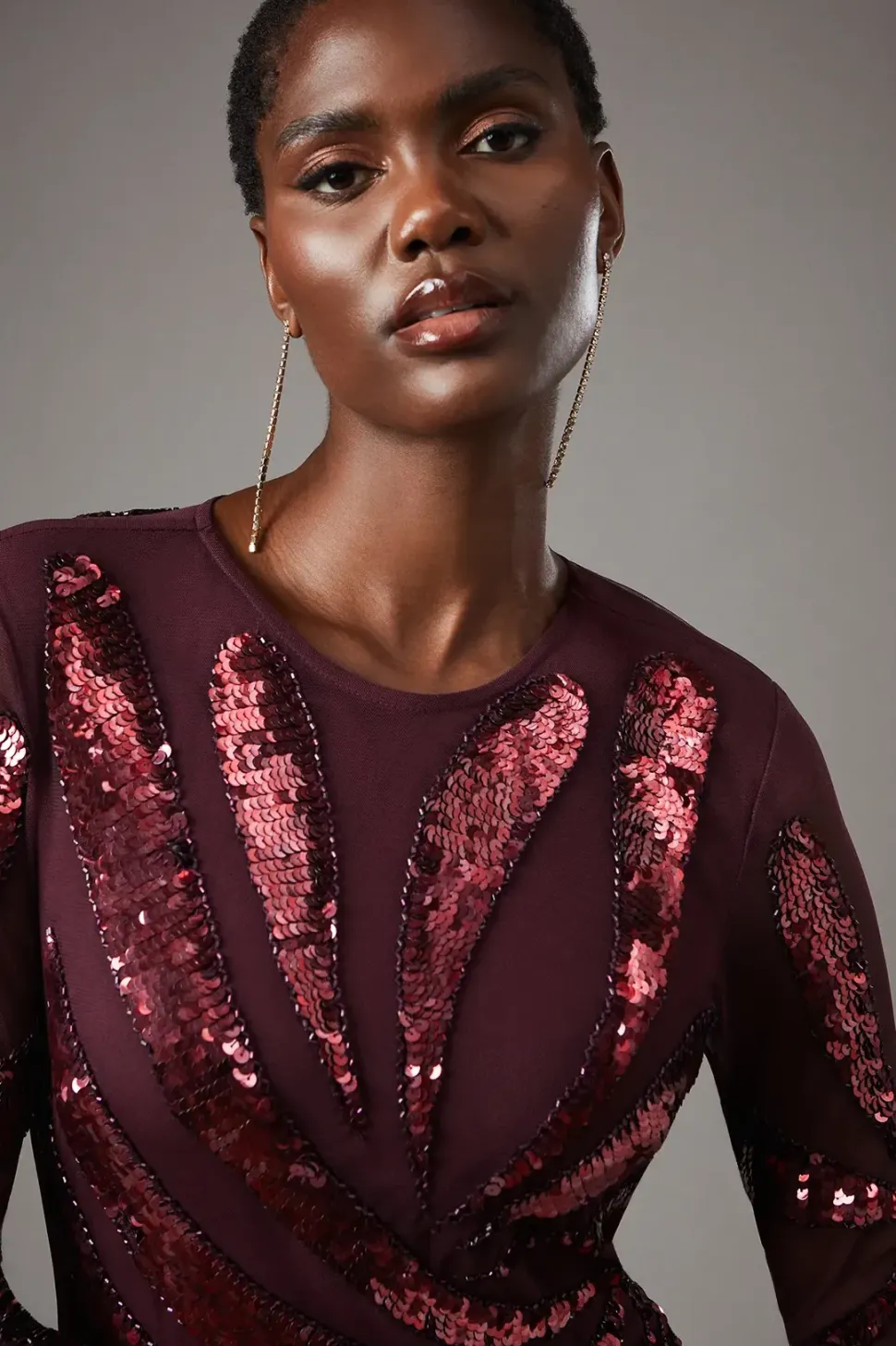 Party Sequin Long Sleeve Velvet Swing Dress