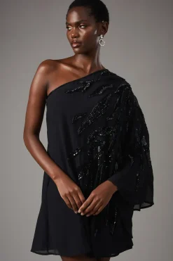 Party Sequin One Shoulder Abstract Mini Dress