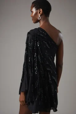 Party Sequin One Shoulder Abstract Mini Dress