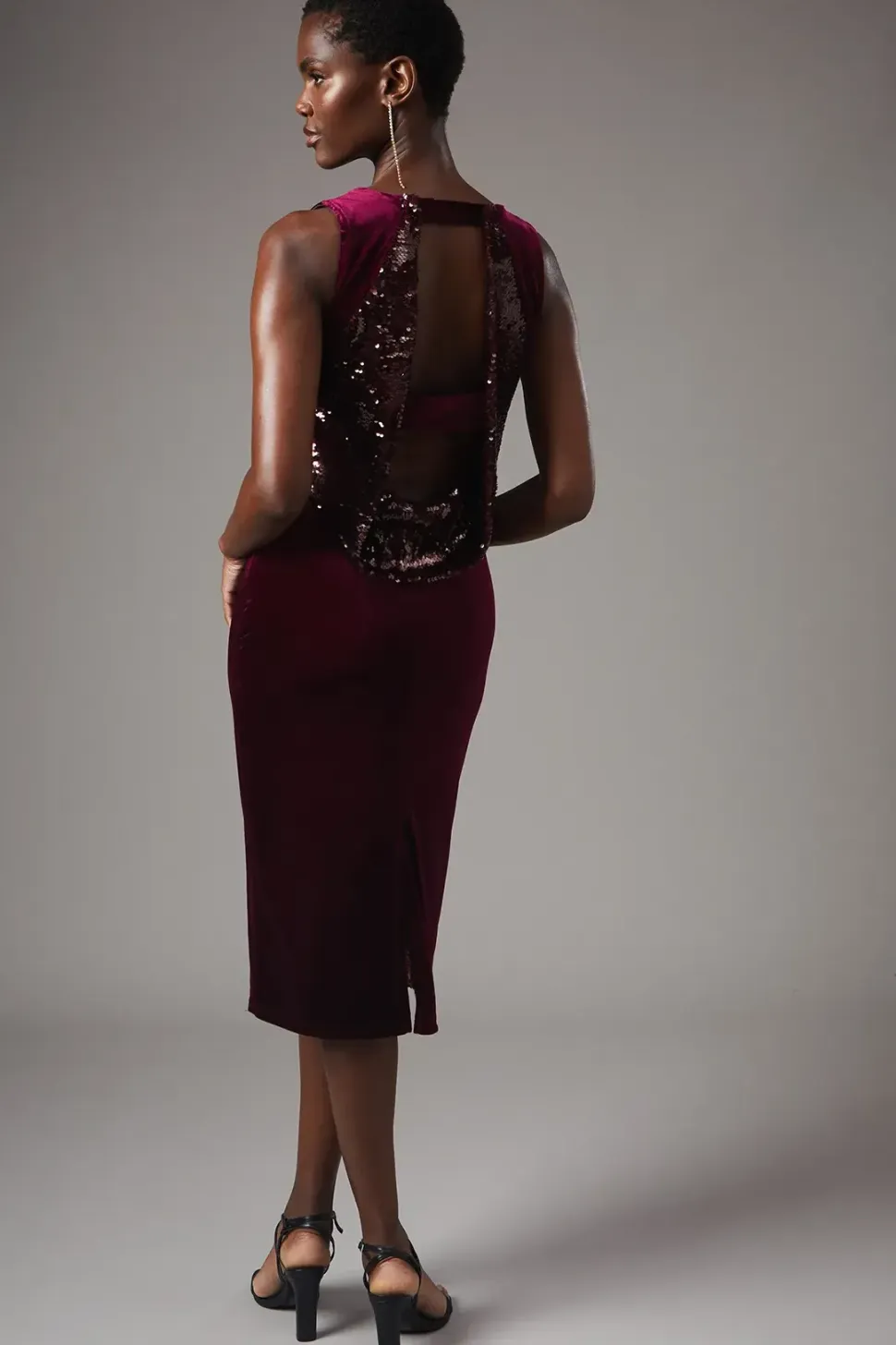 Party Sequin Pencil Dress With Velvet Cowl Back