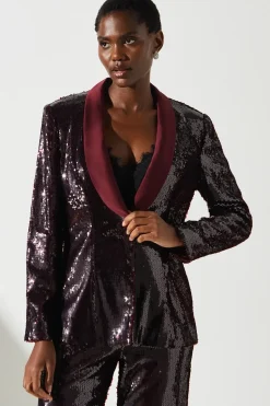Party Sequin Satin Burgundy Blazer