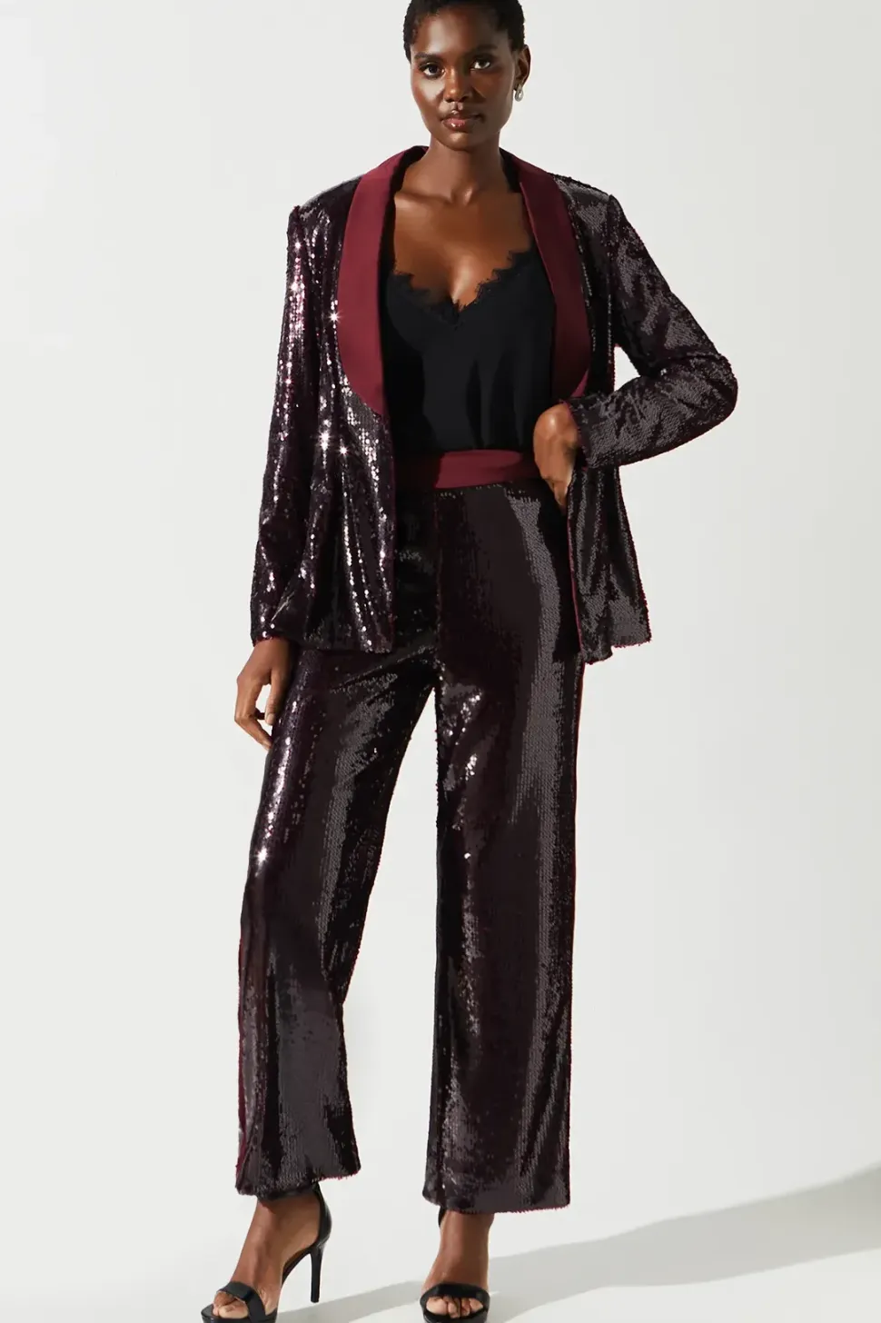 Party Sequin Satin Burgundy Trouser