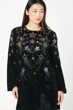 Party Sequin Star Long Sleeve Velvet Mini Swing Dress