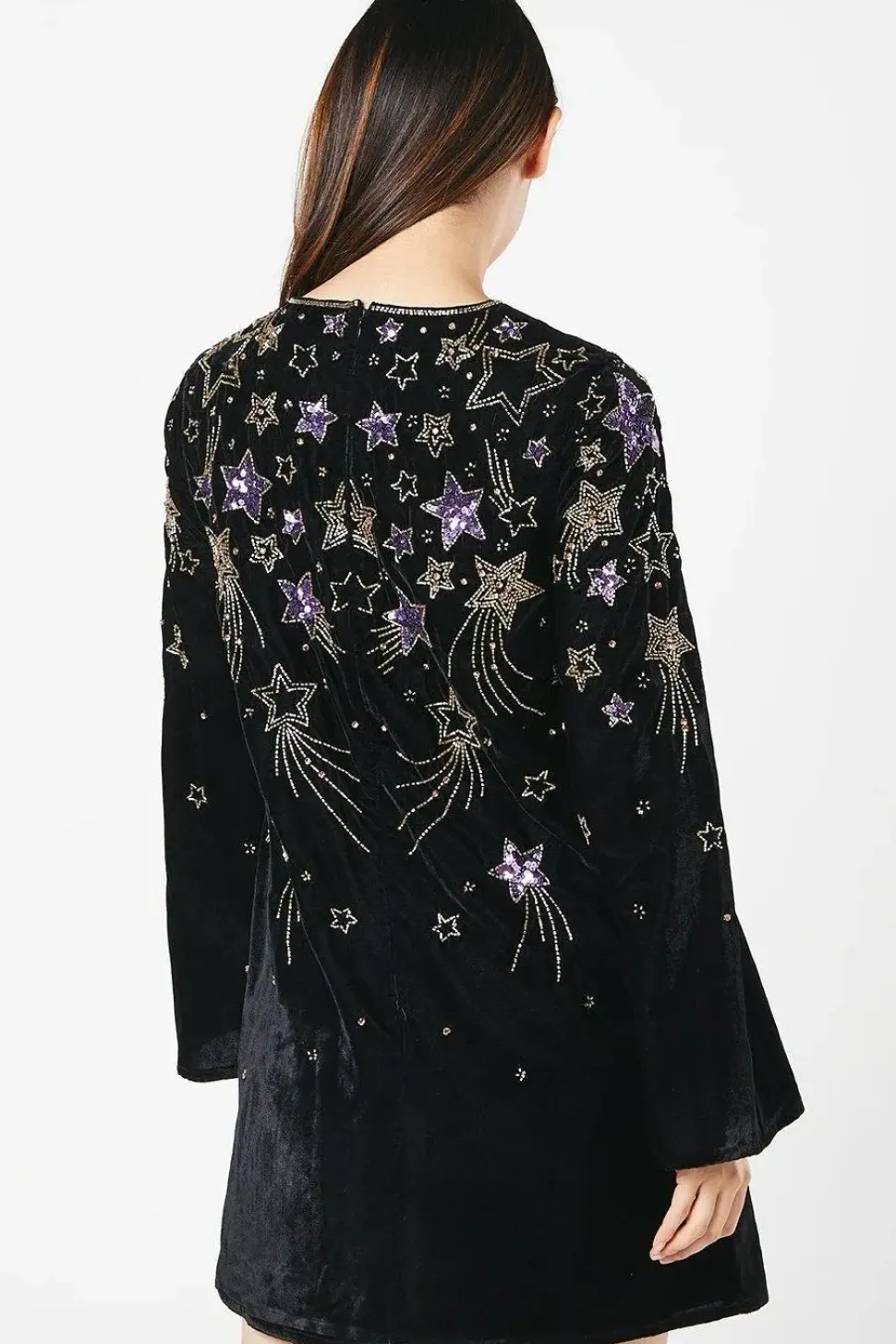 Party Sequin Star Long Sleeve Velvet Mini Swing Dress