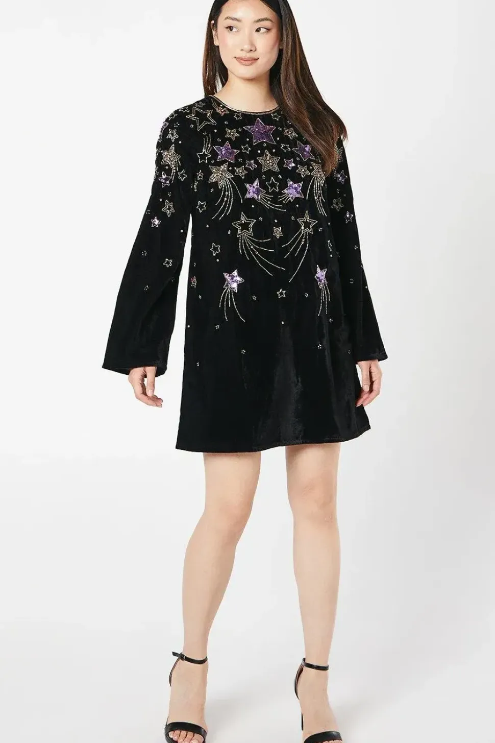 Party Sequin Star Long Sleeve Velvet Mini Swing Dress