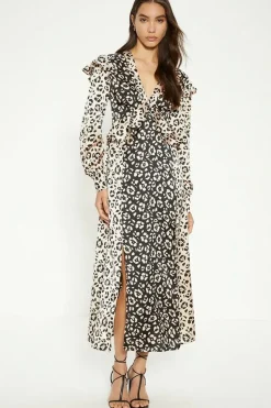 Patched Animal Satin Ruffle Shoulder Midi Dress