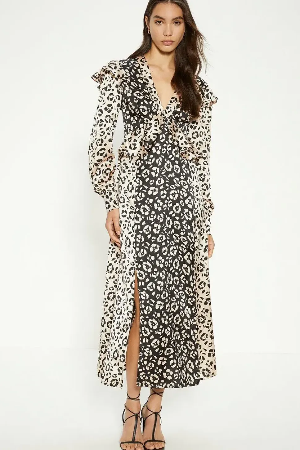 Patched Animal Satin Ruffle Shoulder Midi Dress
