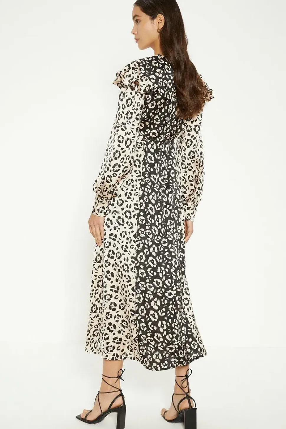 Patched Animal Satin Ruffle Shoulder Midi Dress