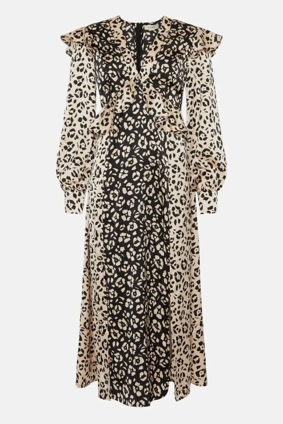 Patched Animal Satin Ruffle Shoulder Midi Dress