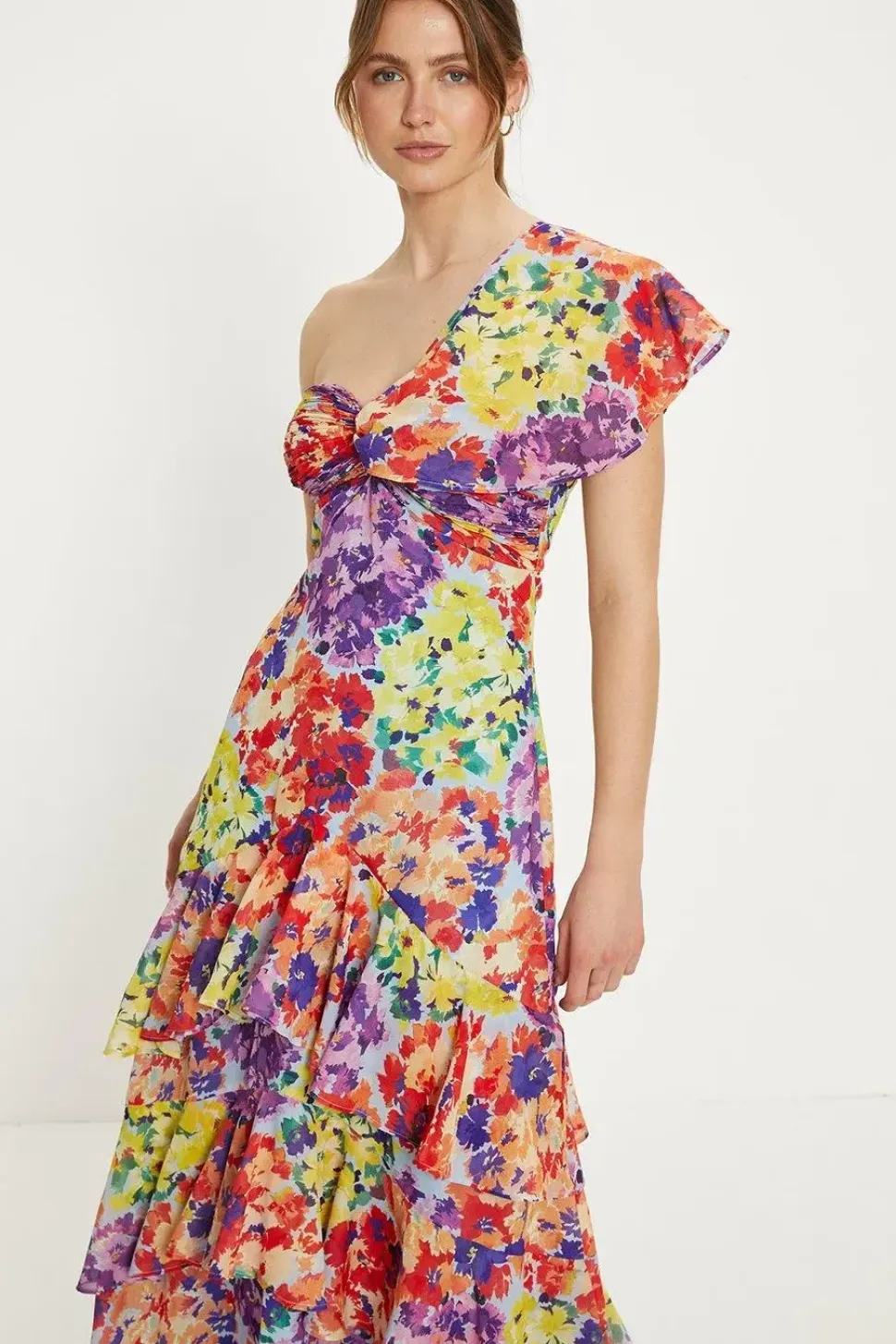 Patched Floral Asymmetric Ruffle Midi Dress