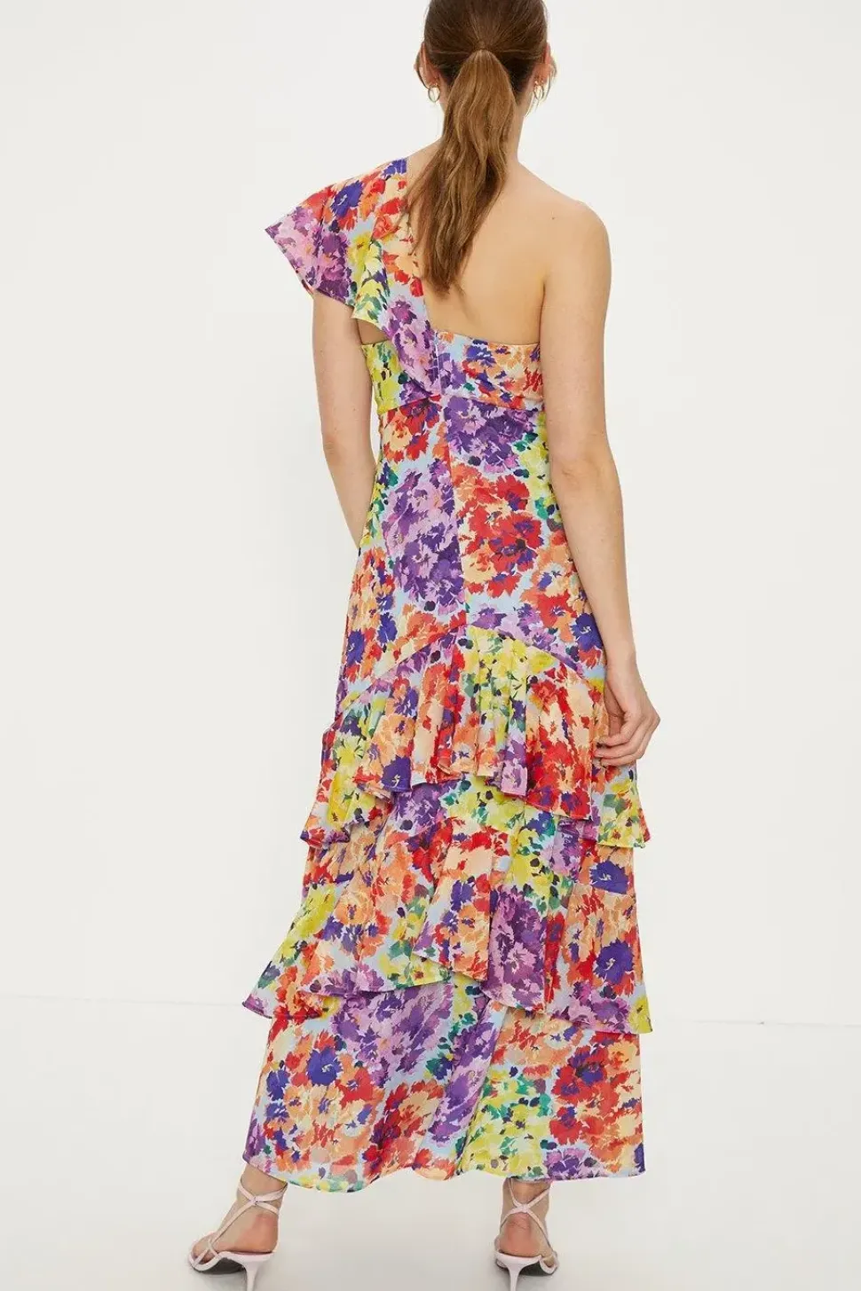 Patched Floral Asymmetric Ruffle Midi Dress