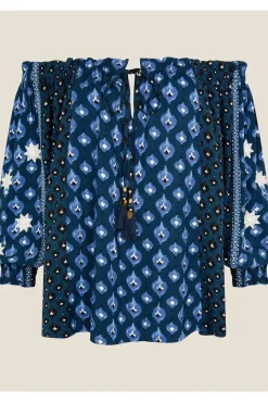 Patch Print Embellished Sleeve Bardot Top