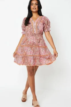 Patchwork Dobby Chiffon V Neck Trim Insert Skater Dress