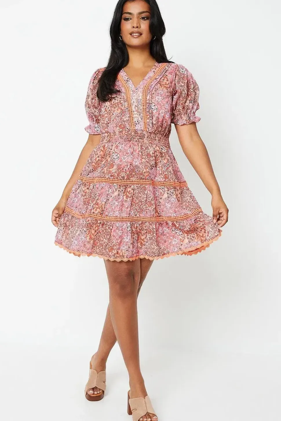 Patchwork Dobby Chiffon V Neck Trim Insert Skater Dress