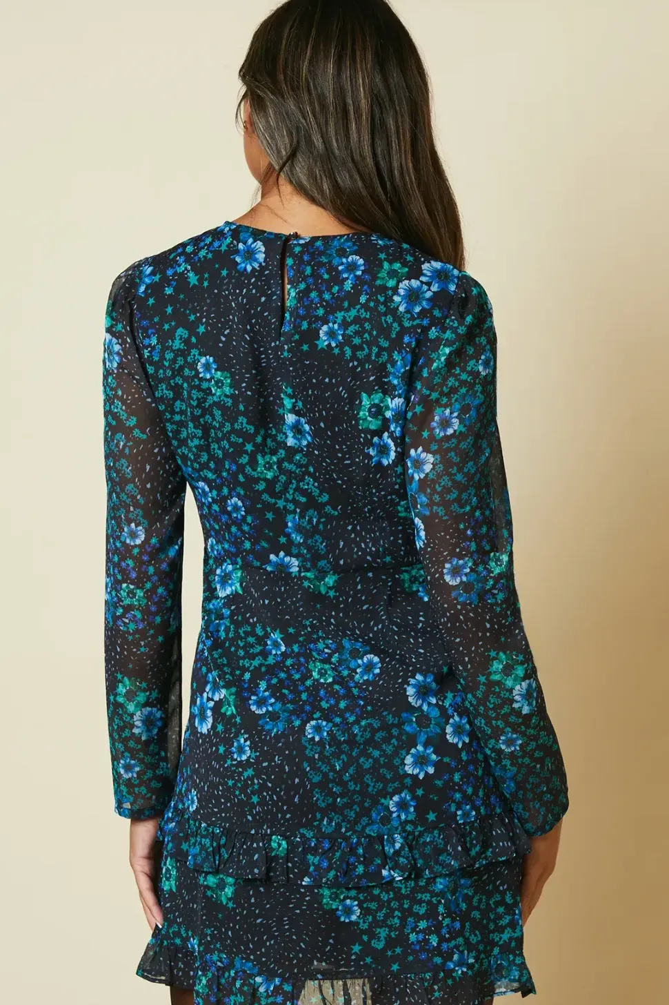 Patchwork Floral Chiffon Ruffle Hem Mini Dress