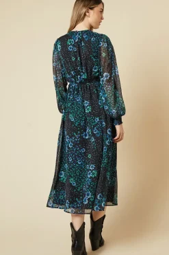 Patchwork Floral Shirred Cuff Midi Dress