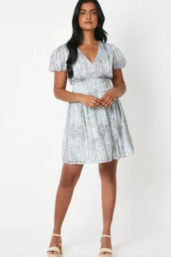 Patchwork Metallic Stripe Chiffon Bow Front Puff Sleeve Mini Dress