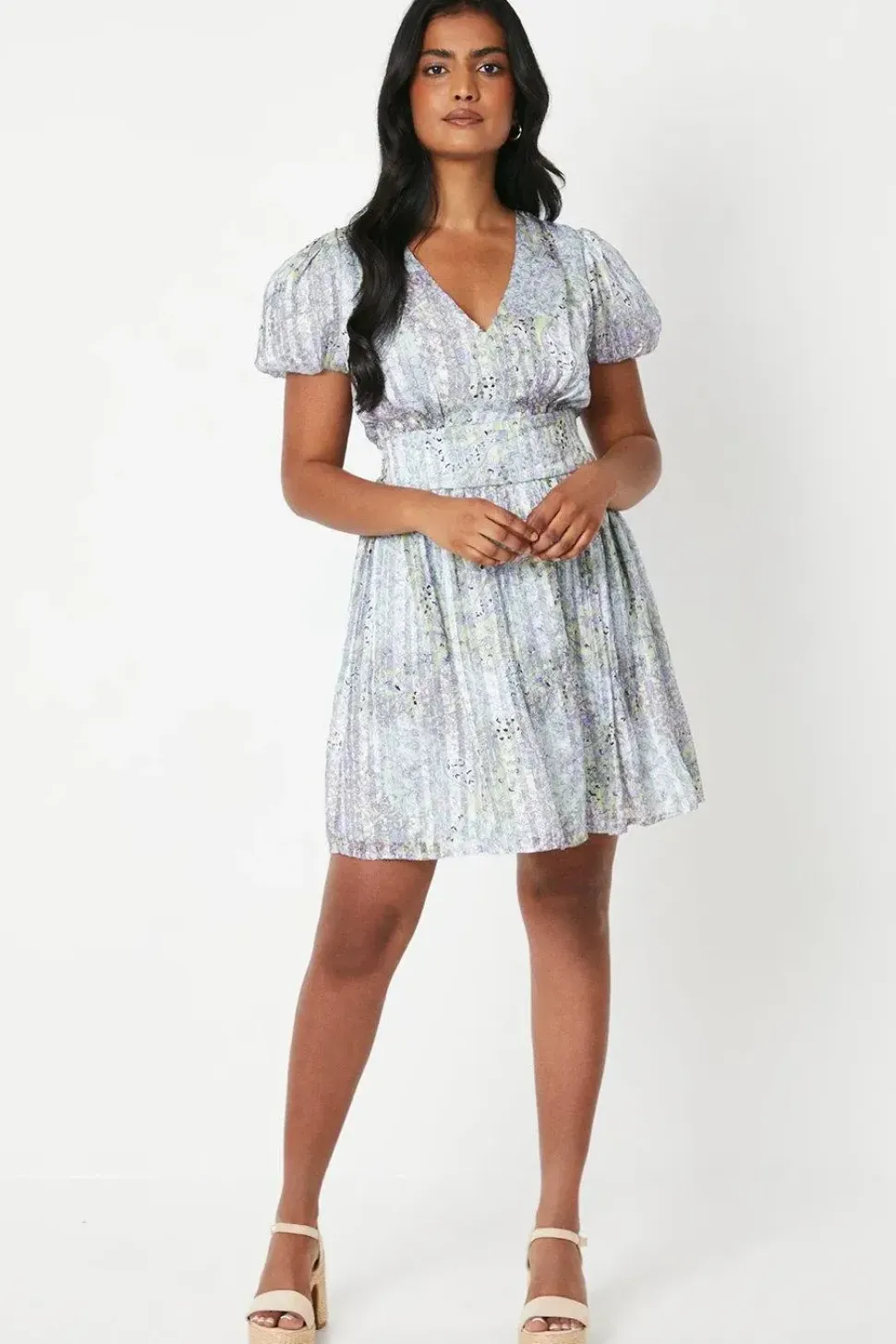 Patchwork Metallic Stripe Chiffon Bow Front Puff Sleeve Mini Dress