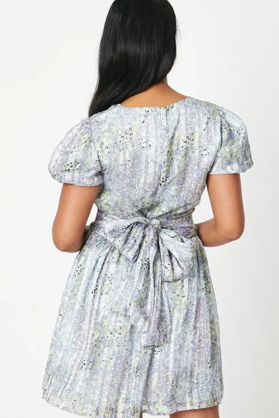 Patchwork Metallic Stripe Chiffon Bow Front Puff Sleeve Mini Dress