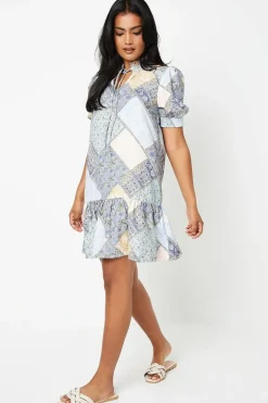 Patchwork Poly Moss Crepe Shirred Detail Puff Sleeve Mini Dress
