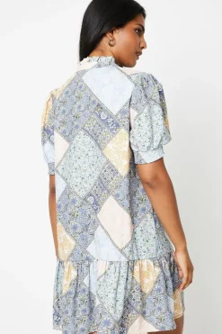 Patchwork Poly Moss Crepe Shirred Detail Puff Sleeve Mini Dress