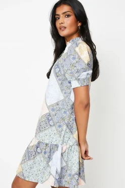 Patchwork Poly Moss Crepe Shirred Detail Puff Sleeve Mini Dress