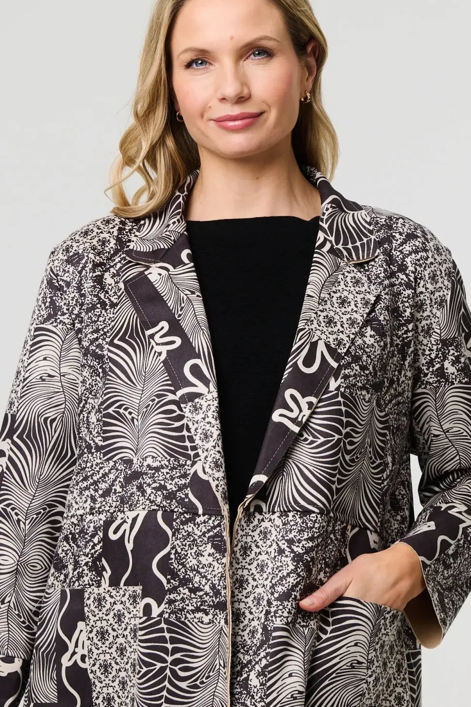 Patchwork Print Longline Blazer Jacket