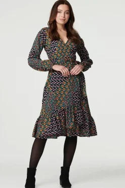 Patchwork Print Ruffled Wrap Dress