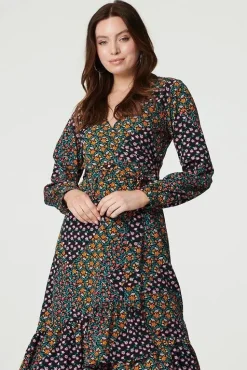 Patchwork Print Ruffled Wrap Dress