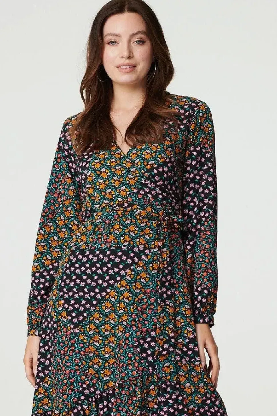 Patchwork Print Ruffled Wrap Dress
