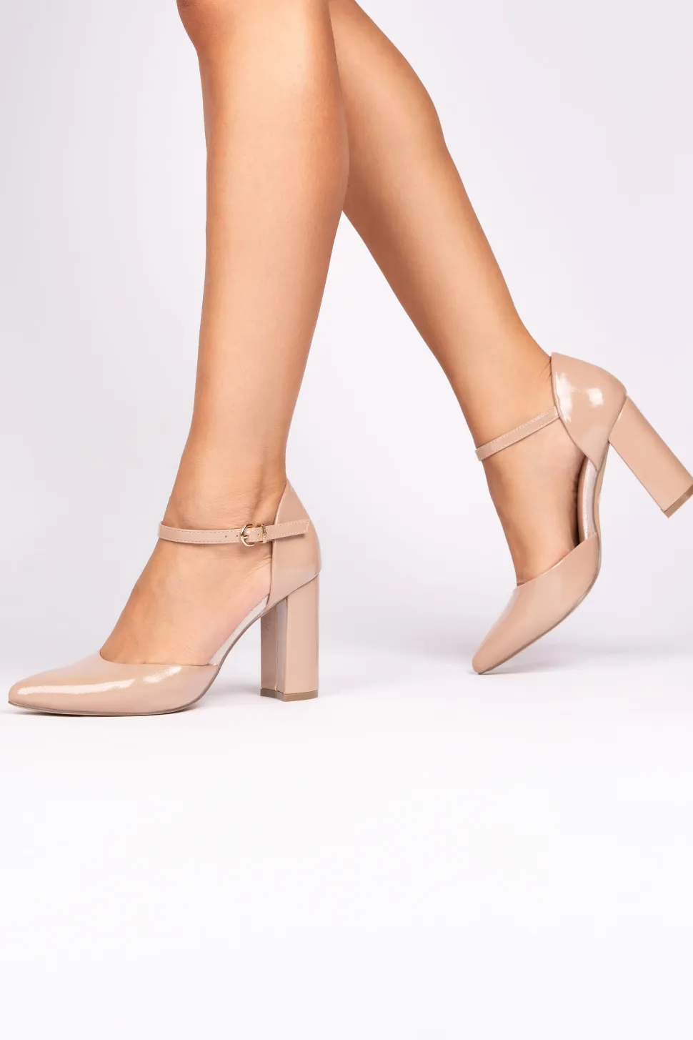 Patent 'Ronda' High Block Heel Ankle Strap Court Shoe