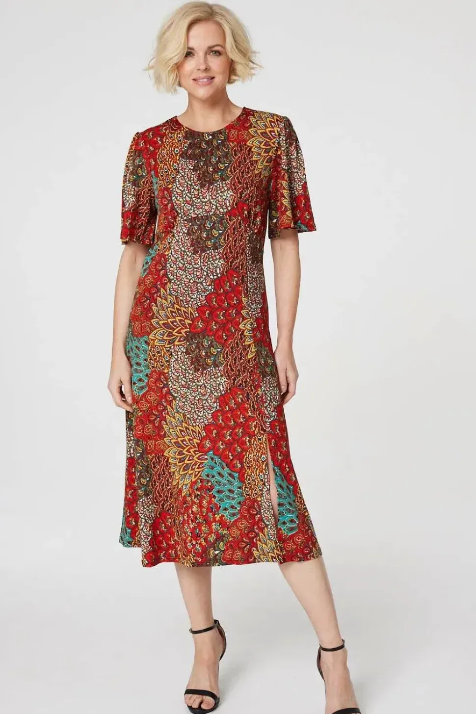 Peacock Print Jersey Midi Dress