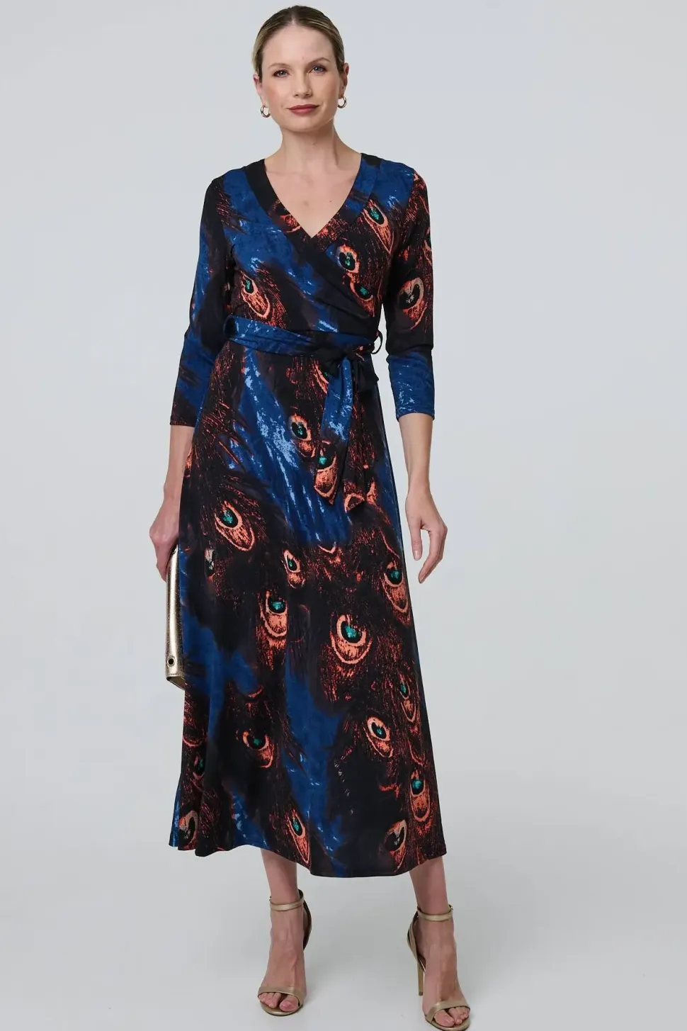 Peacock Print 3/4 Sleeve Wrap Maxi Dress